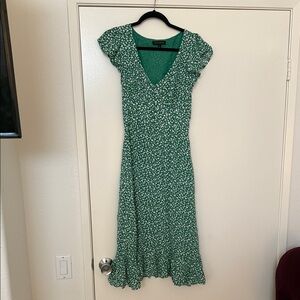 Banana Republic Green Floral V-Neck Ruffle-Hem Midi Dress